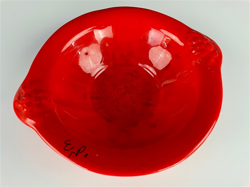 Elvis Presleys Red Fruit Bowl with "EP" notation in Nancy Rooks hand - From The Nancy Rooks Collection