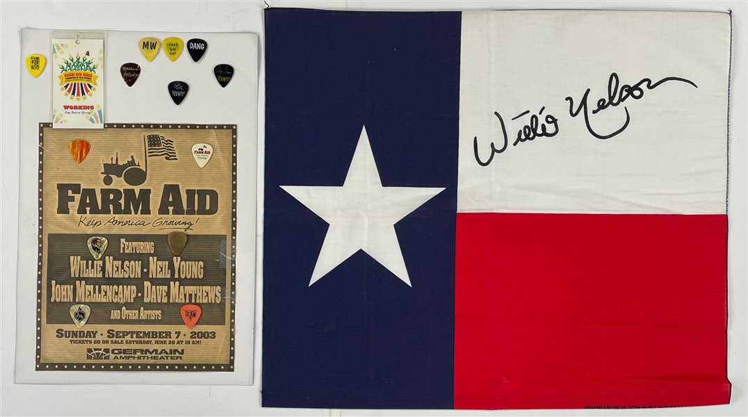 Farm Aid Stage-Acquired Guitar Picks from Neil Young, Wilie Nelson, John Mellencamp, Dave Mathews and Others Plus Working Crew Backstage Pass (14 Items)