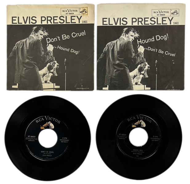 1956 Elvis Presley RCA Victor 45 RPM Singles “Hound Dog” / “Don’t Be Cruel” (2 Different) With Both Sleeve Variations - Early Indianapolis Pressings