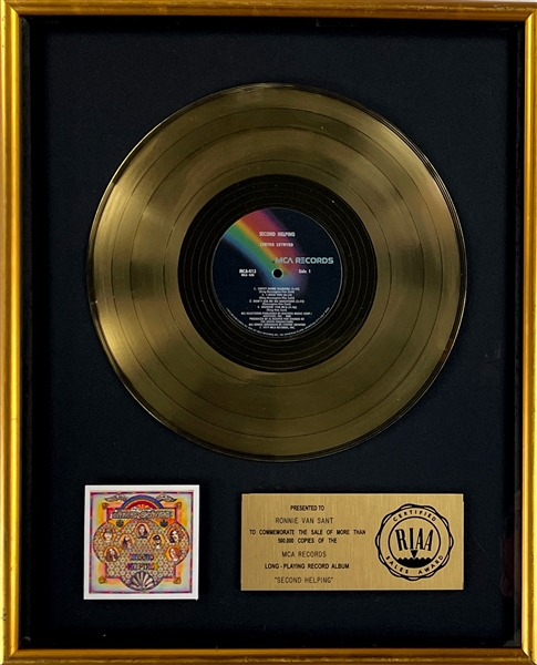 RIAA Gold Record Award for Lynyrd Skynyrds 1974 LP <em>Second Helping</em> - "Awarded to Ronnie Van Zant"
