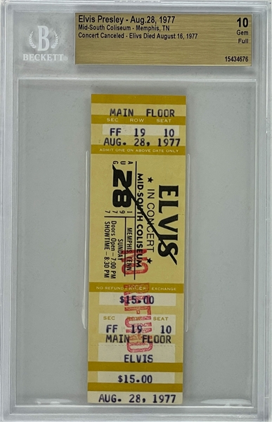 Elvis Presley FULL Ticket <strong>Graded GEM MINT 10</strong> by Beckett from August 28, 1977, Concert at The Mid-South Coliseum in Memphis, Tennessee