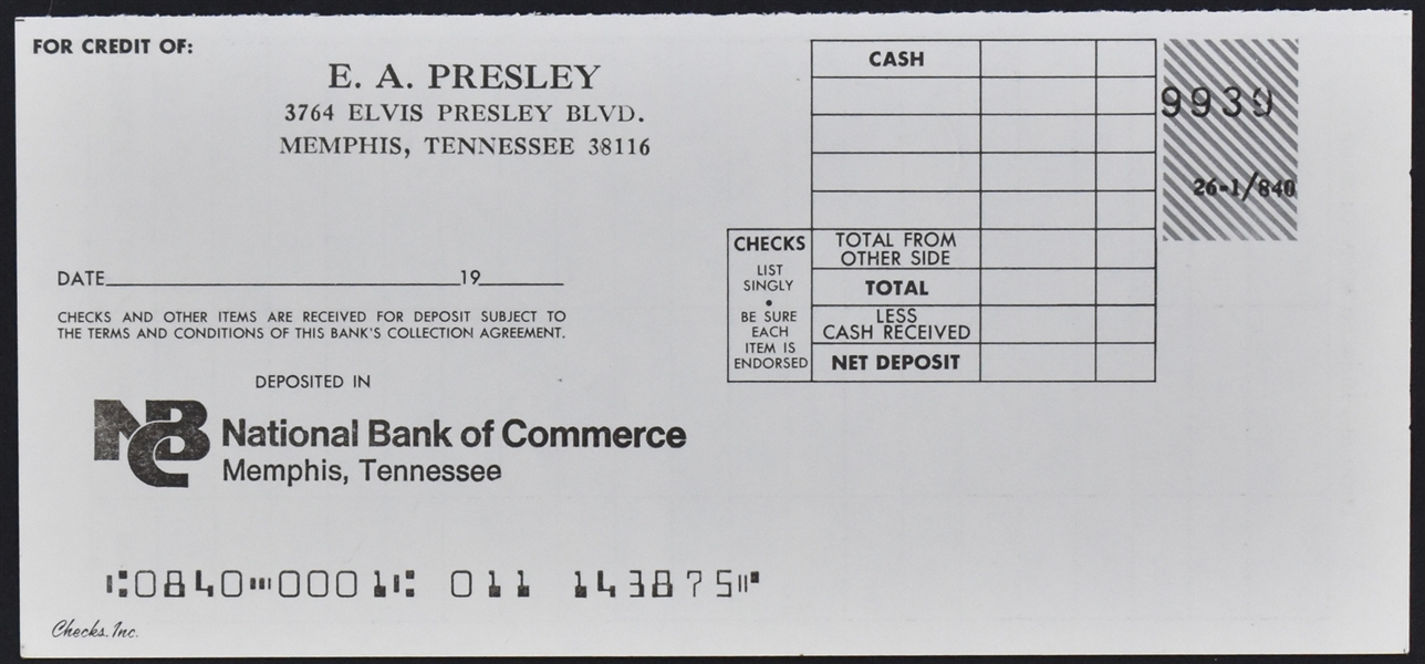 "E.A. Presley" National Bank of Commerce Deposit Slip from His Personal Checkbook