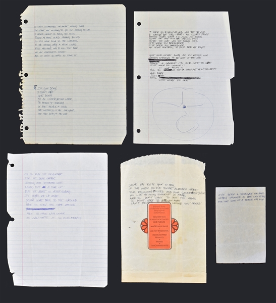 Axl Rose 1985 Handwritten Lyrics Collection (5 Different) Plus Early Guns & Roses Show Guest List and Other Documents