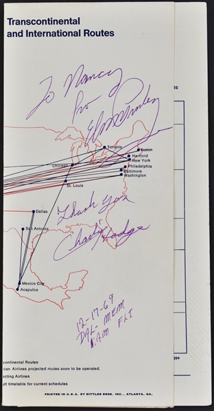 1969 Elvis Presley Signed American Airlines Map - Date "12-17-69" - Also Signed by Charlie Hodge (PSA)