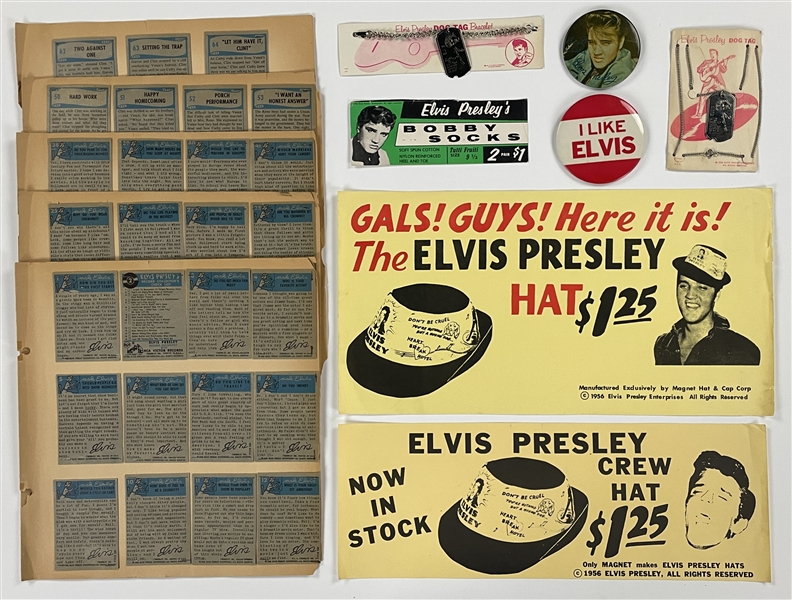 1956 Elvis Presley Enterprises Collection of Eight Items - Incl. 1956 Topps Set, Dog Tags, Hat Posters and Buttons