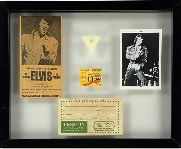 1971 Elvis Presley’s White Triangular “E” Pick Acquired by a Fan at Dallas, TX Concert with Ticket Stub in Framed Display