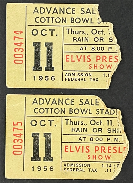 Pair of 1956 Elvis Presley Cotton Bowl Tickets w/Photo of Elvis in Dallas at the Time