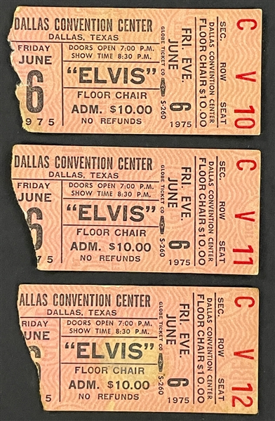 1975 Elvis Presley Consecutive Concert Ticket Trio (3) from Dallas, Texas with Original Ticket Envelope