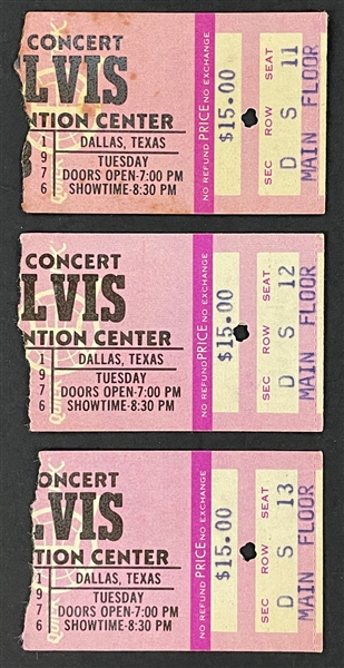 1976 Elvis Presley Consecutive Concert Ticket Trio (3) from Dallas, Texas with Original Ticket Envelope