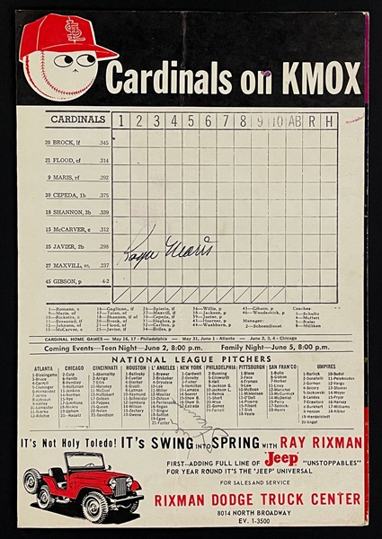 Roger Maris Signed 1967 Cardinals Scorecard Also Signed by Ken Boyer, Ed Kranepool and Del Shannon (BAS)