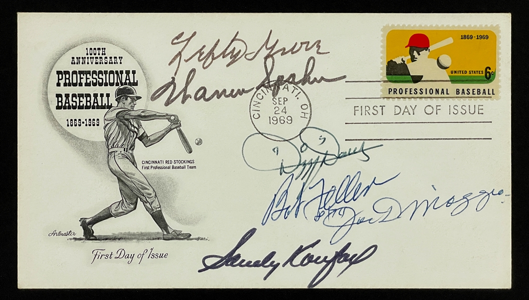 1969 Baseball 100th Anniv. FDC Signed by Joe DiMaggio, Sandy Koufax and four Others (BAS)