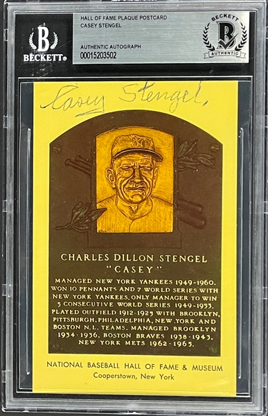 Casey Stengel Signed Yellow Hall of Fame Plaque Postcard - Encapsulated by Beckett Authentication