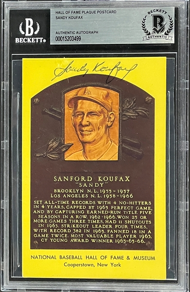 Sandy Koufax Signed Yellow Hall of Fame Plaque Postcard - Encapsulated by Beckett Authentication