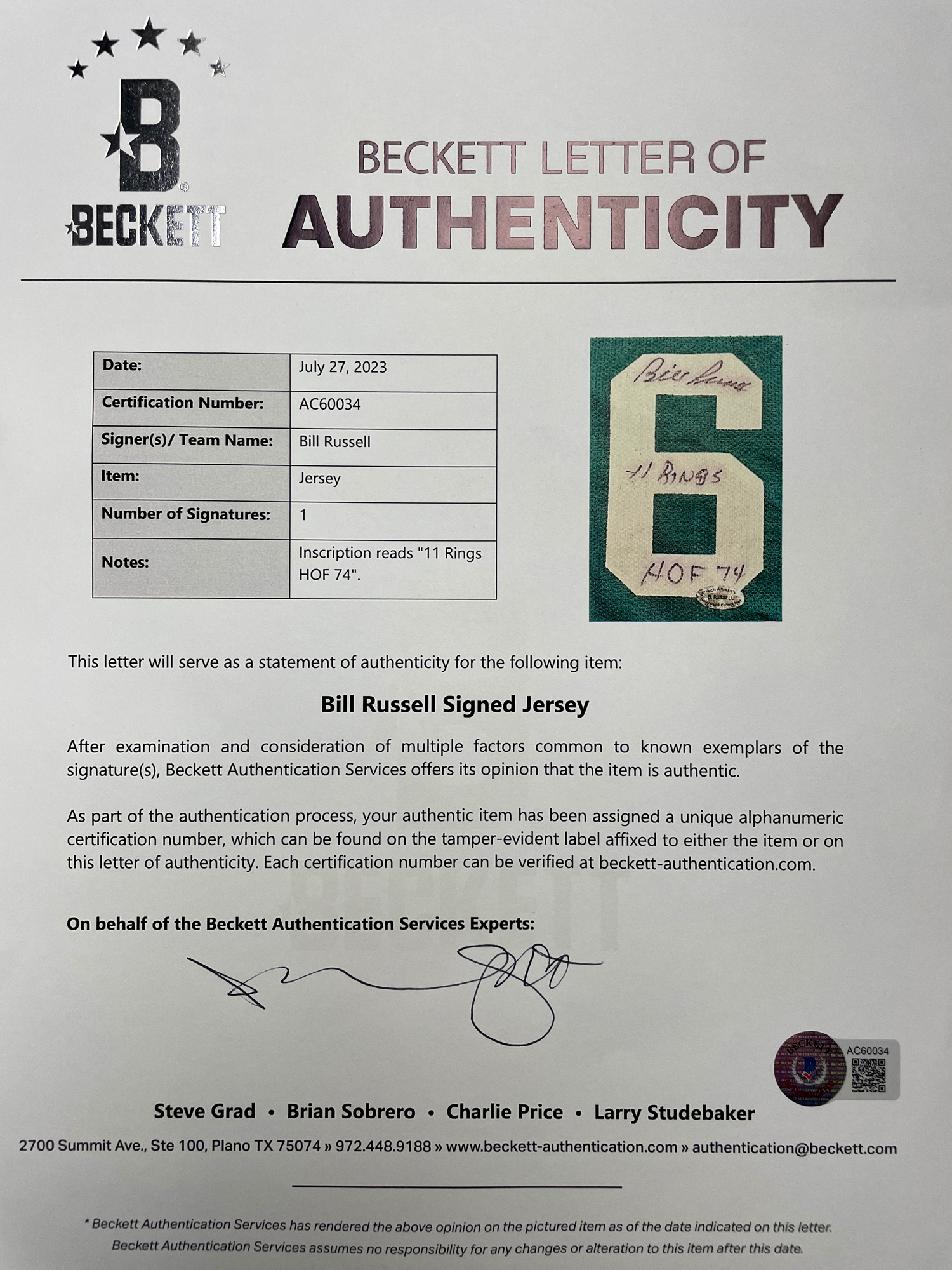 Bill Russell Signed Authentic Boston Celtics Game Used Jersey With