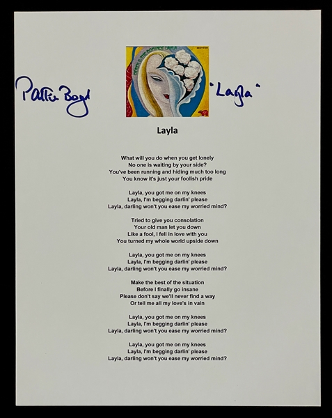 Pattie Boyd (Layla Herself) Signed Lyrics for Eric Claptons "Layla" (BAS)`