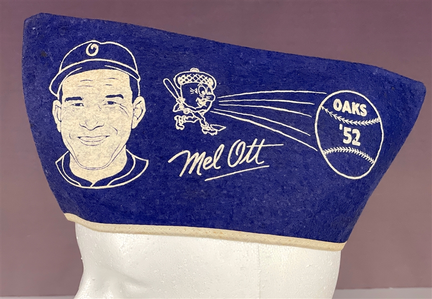 1952 Mel Ott Oakland Oaks Souvenir "Soda Jerk Style" Felt Hat - Rare!