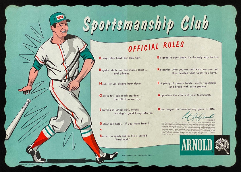 1960s Arnold Bread "Yaz Sportsmanship Club" Placemat Featuring Carl Yastrzemski