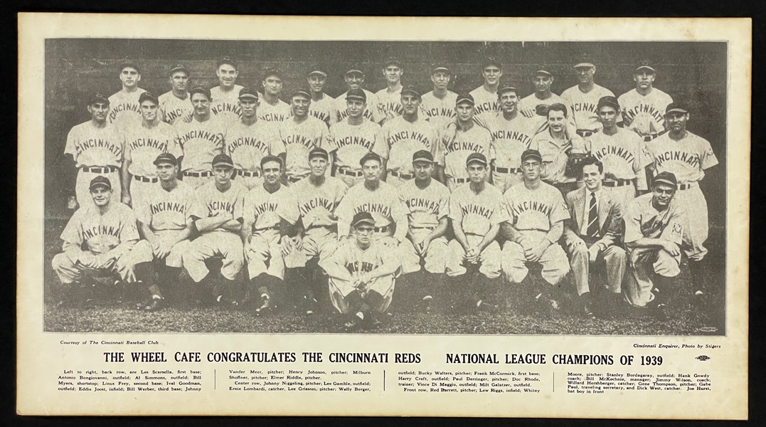 1939 National League Champion Cincinnati Reds Team Pictorial Menu  