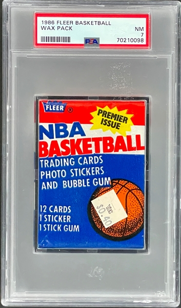 1986 Fleer Basketball Unopened Wax Pack - Olajuwan Sticker Showing on Back - PSA NM 7