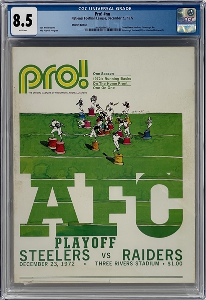 1972 <em>PRO!</em> "Immaculate Reception" Program - Steelers vs. Raiders - Program CGC Graded 8.5