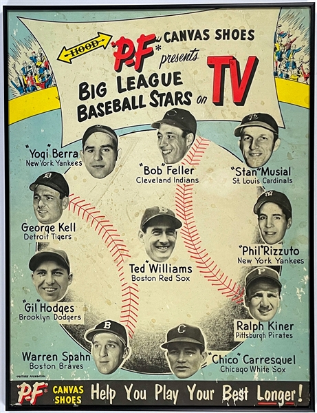 1950s P.F. Flyers "Big League Baseball Stars on TV" Broadside Featuring Ted Williams, Stan Musial, Yogi Berra and Others