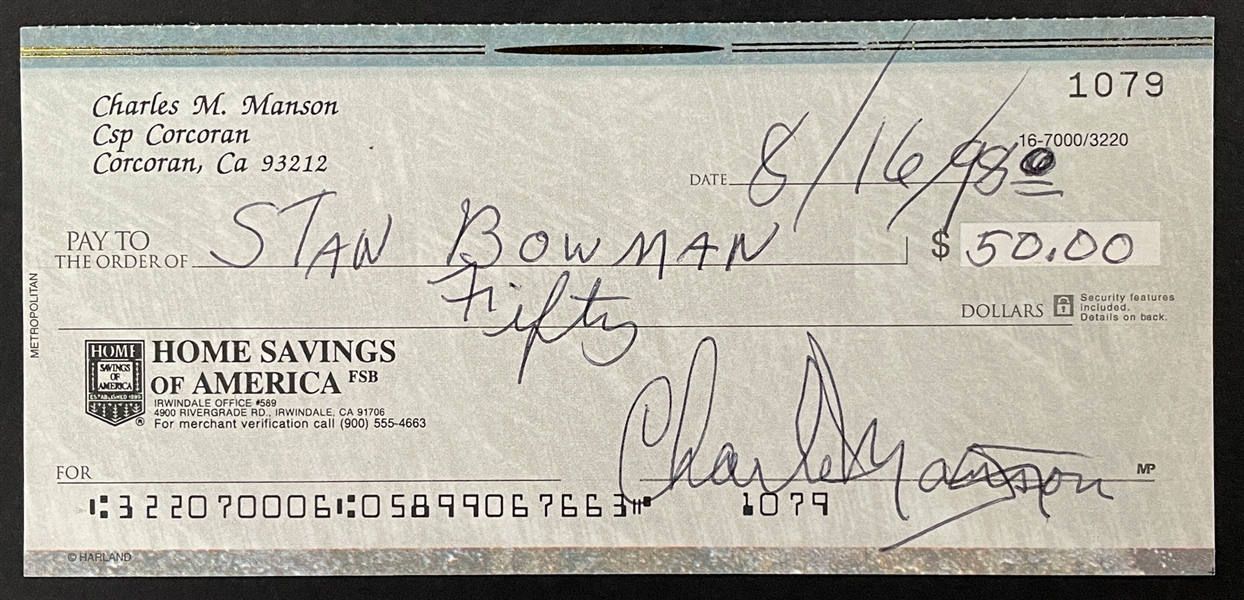 Charles Manson Signed Personal Check for $50 (JSA)
