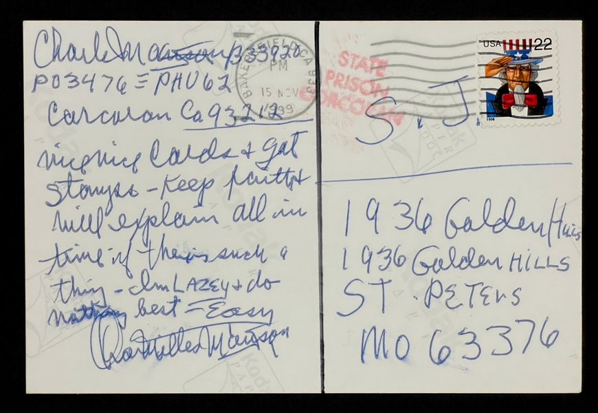 Charles Manson Twice-Signed and Handwritten Photograph Postcard (JSA)