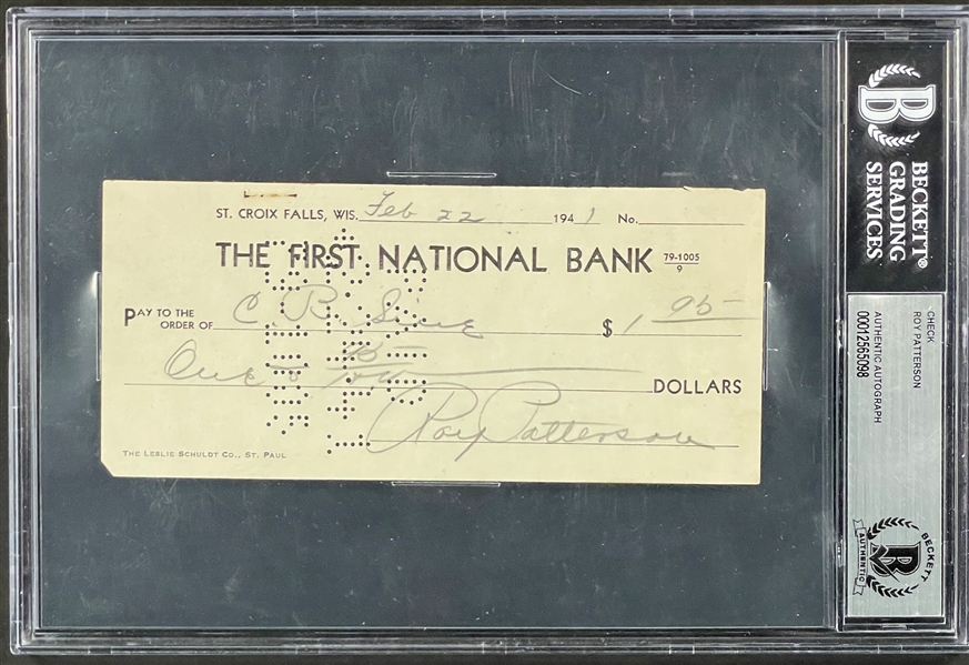 Roy Patterson Signed Check - First Pitcher to Win a Game in American League in 1901 - Encapsulated by Beckett Authentic
