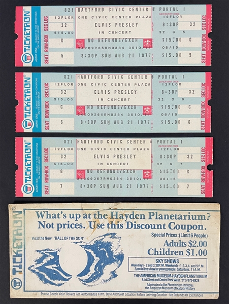 1977 Three Elvis Presley FULL UNUSED Concert Tickets for Hartford, CT, with Original Ticketron Envelope