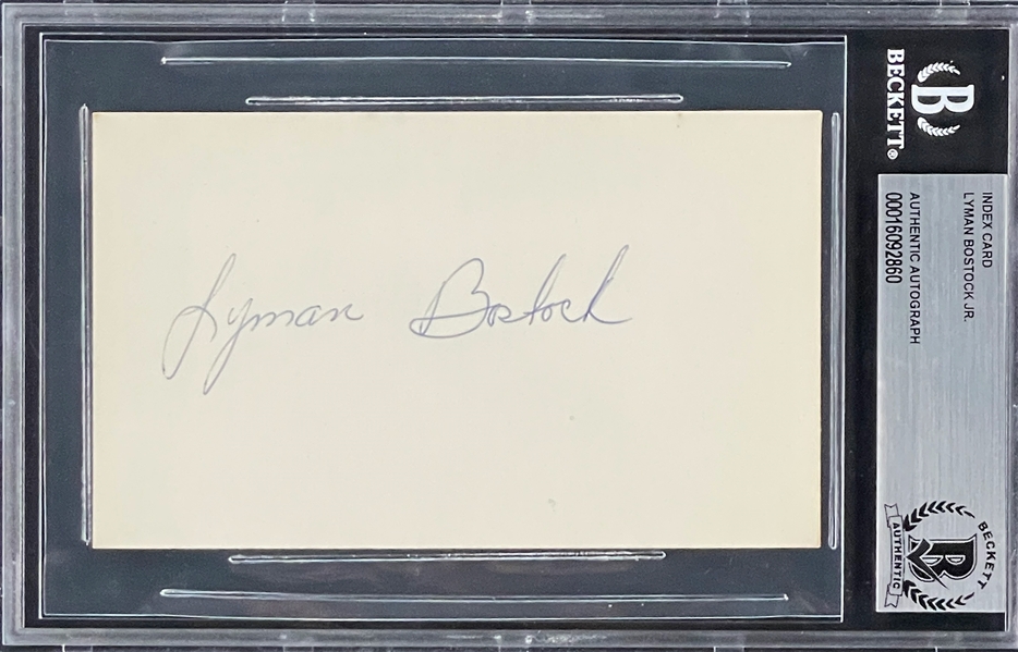 Lyman Bostock, Jr. Signed Index Card (BAS)