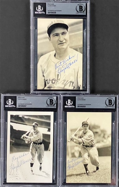 Group of Three Lloyd Waner Signed Rowe BW Photo Postcards (BAS)