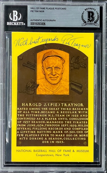 Pie Traynor Signed Yellow Hall of Fame Plaque (BAS)