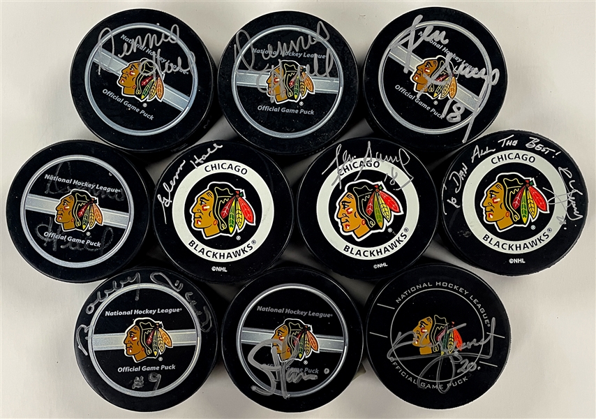 Chicago Blackhawk Signed Game Puck Group of 10 Incl. Bobby Hull and Others (with Duplicates) (BAS)