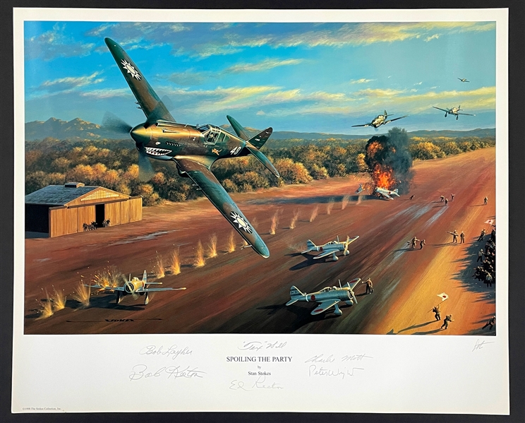 Robert Layher, Robert Keeton, Tex Hill, Ed Rector, Charles Mott, Peter Wright Signed "Spoiling the Party" Stan Stokes Aviation LARGE Artwork (AI Verified)