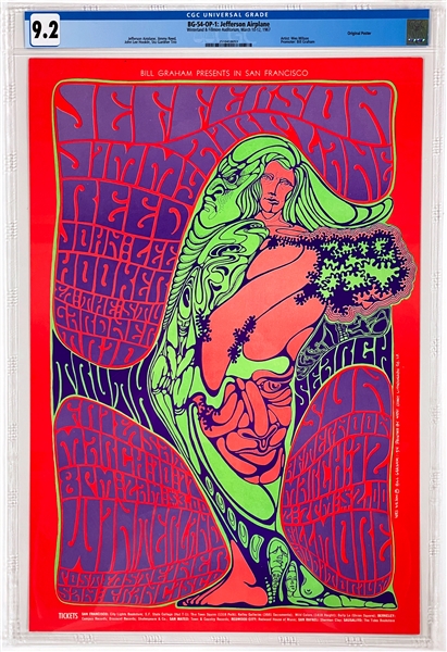 1967 Jefferson Airplane Concert Poster (BG-54-OP-1) - Encapsulated CGC 9.2 - Bill Graham Presents Winterland and Fillmore Auditorium