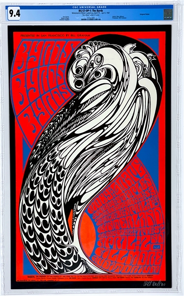 1967 The Byrds Concert Poster (BG-57-OP-1) - Encapsulated CGC 9.4 - Signed by Artist Wes Wilson - Bill Graham Presents Winterland and Fillmore Auditorium