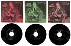 Three Variations of Elvis Presleys 1956 RCA 45 RPM Single <em>Love Me Tender</em> - Incl. Dark Pink, Light Pink and Green Sleeves