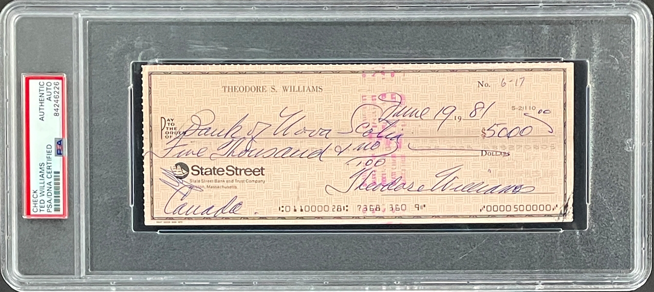 Ted Williams Signed $5,000 Personal Check - Encapsulated PSA/DNA