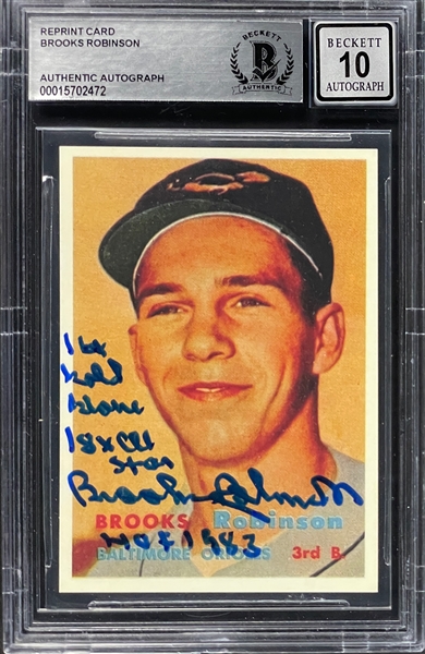 Brooks Robinson Signed 1957 Topps Reprint Rookie Card - Encapsulated Beckett "10" Autograph