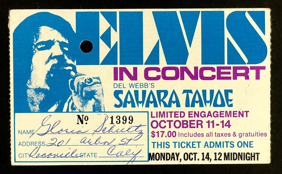 1974 Elvis Presley Sahara Tahoe Ticket - October 14, Midnight Show