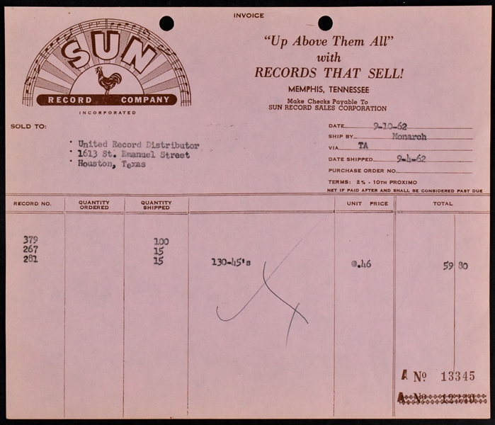Sun Record Company Invoice for Three Jerry Lee Lewis Singles Incl. “Great Balls of Fire” and “Whole Lotta Shakin Goin On”