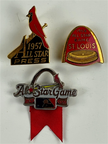 Trio of St. Louis Cardinals All Star Game Press Pins - 1957, 1966 and 2009