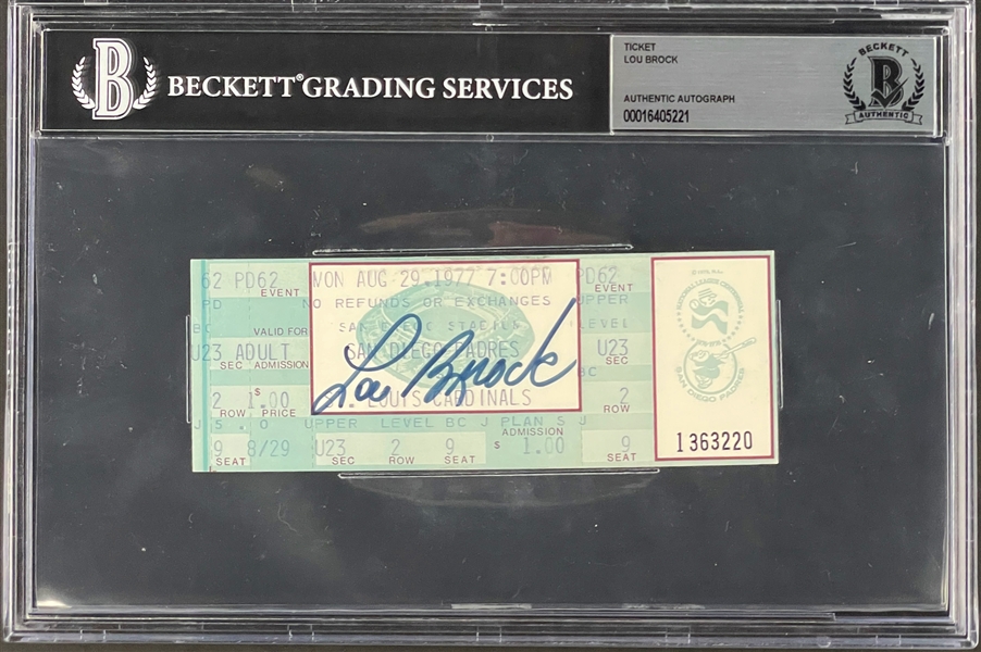 1977 Lou Brock Signed FULL Ticket - Breaks Ty Cobb Stolen Base Record (Encapsulated by Beckett)