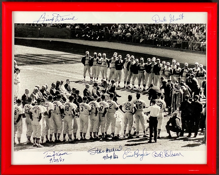 1963 Stan Musial Signed Retirement Day 11x14 Photo Also Signed by Bob Gibson, Tim McCarver, Bing Devine, Dick Groat and Ernie Broglio (Beckett)