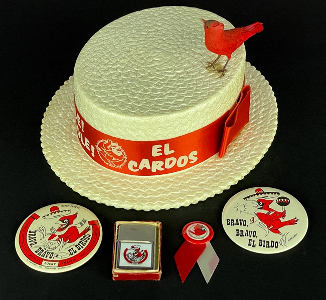 1960s St. Louis Cardinals "El Cardos" / "El Birdos" Collection of Five Incl. Straw Hat with Figural Bird