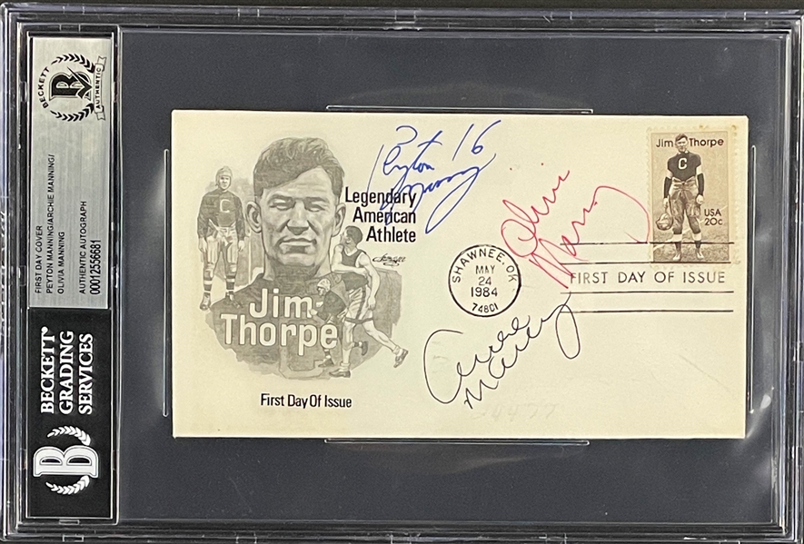 Peyton Manning and Parents Signed Jim Thorpe FDC Encapsulated Beckett