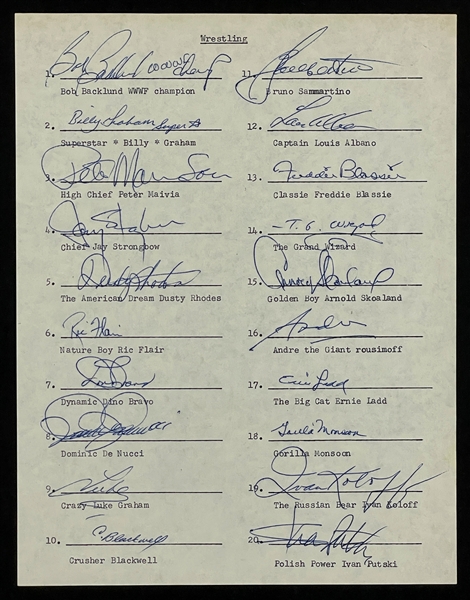 Andre the Giant Signed Incredible Autograph Sheet with 20 Top 1970s Pro Wrestlers and Managers (Beckett)