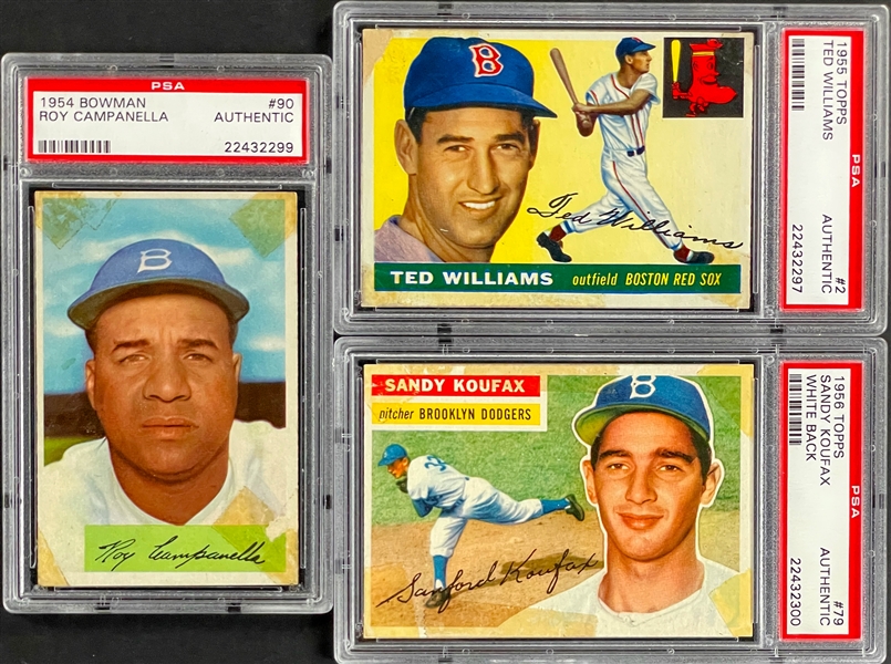 1954-56 Topps and Bowman PSA Authentic Trio with Ted Williams, Sandy Koufax and Roy Campanella (3)