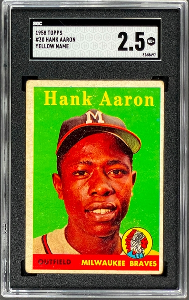 1958 Topps #30 Hank Aaron, Yellow Letters - SGC GD+ 2.5