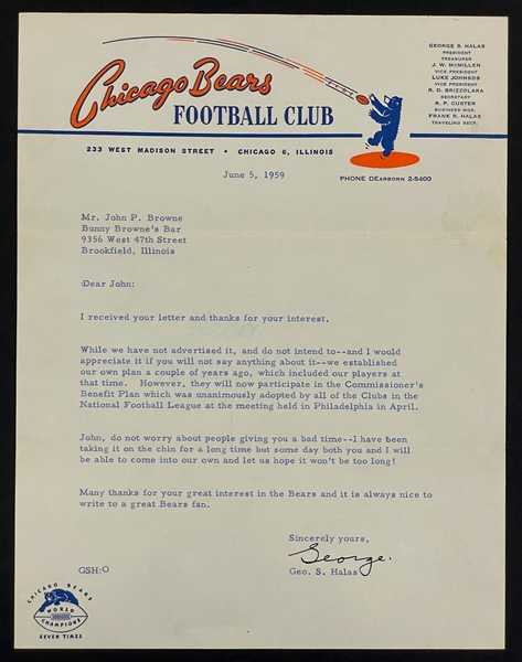 George Halas signed 1959 Letter on Chicago Bears Team Stationary (Beckett)